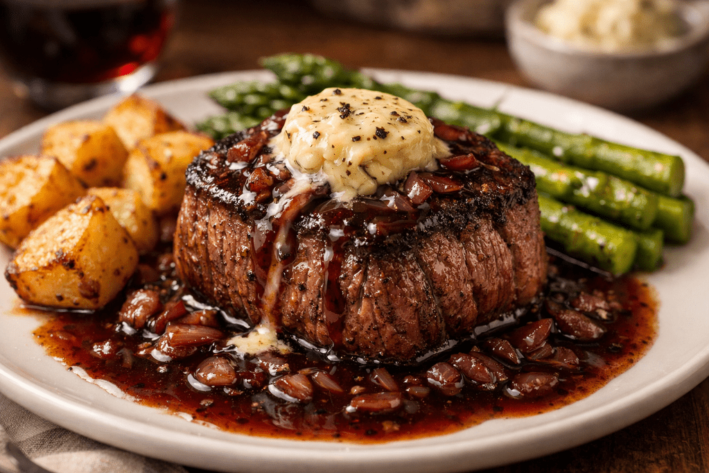 Truffle Butter Filet Mignon with Red Wine Shallot Reduction