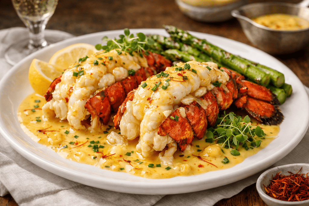 Butter-Poached Lobster Tails with Saffron Champagne Cream