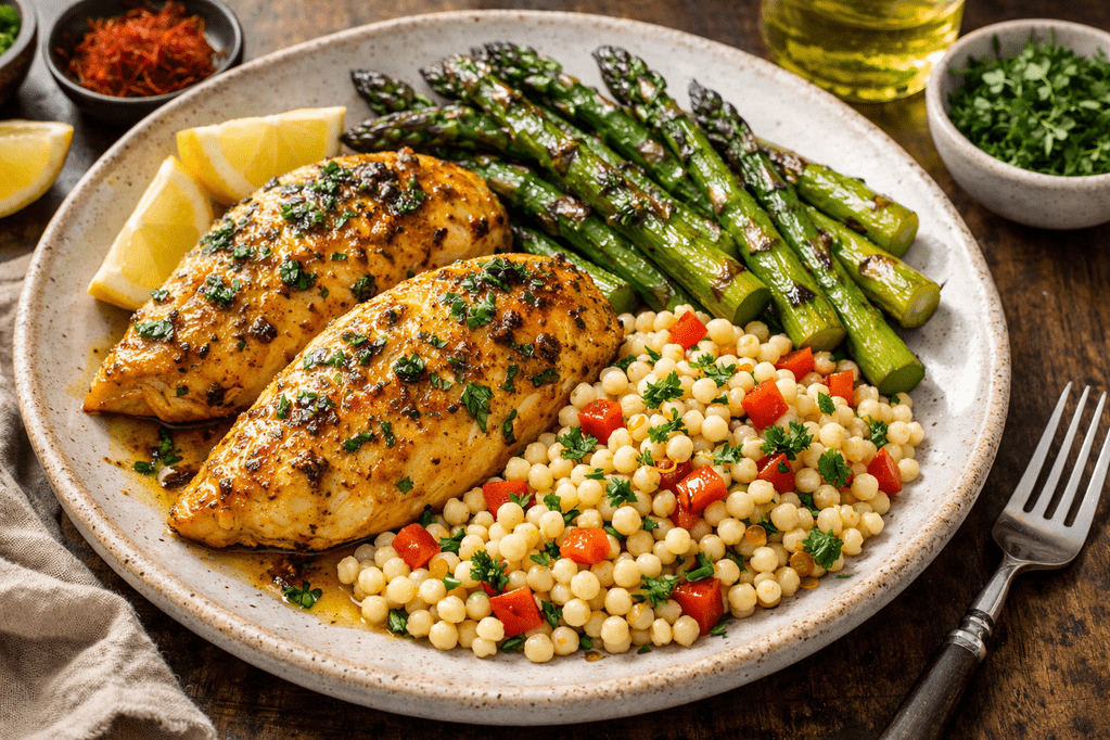Saffron-Herb Chicken with Lemon Pearl Couscous & Charred Asparagus