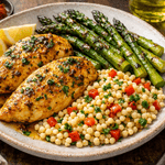 Saffron-Herb Chicken with Lemon Pearl Couscous & Charred Asparagus