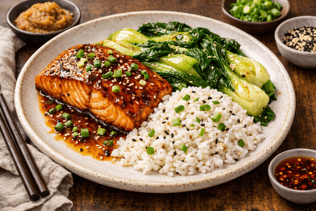 Miso-Glazed Atlantic Salmon with Sesame Jasmine Rice & Baby Bok Choy