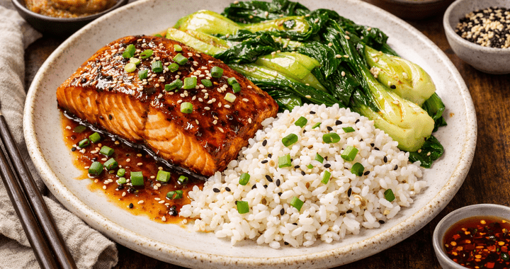 Miso-Glazed Atlantic Salmon with Sesame Jasmine Rice & Baby Bok Choy